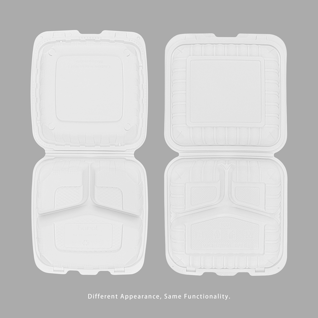 Karat Earth 8" x 8" Mineral Filled PP Hinged Container, White, 3 compartments - 200 pcs