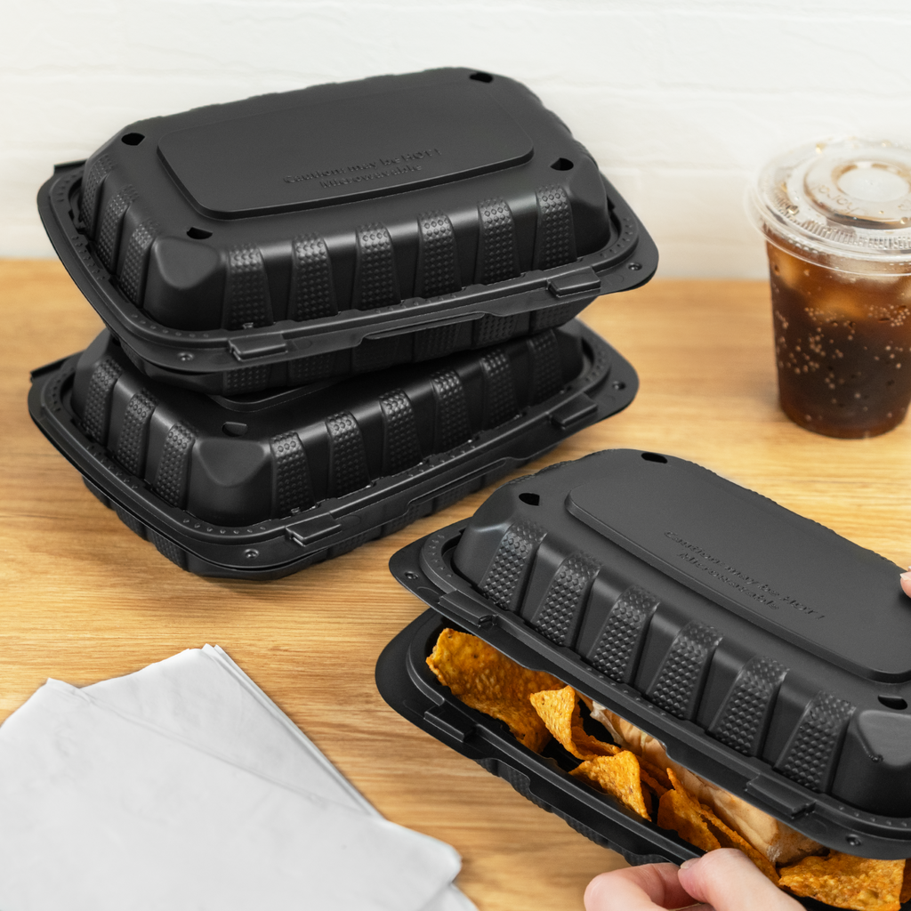 Karat Earth 9" x 6" Mineral Filled PP Hinged Container, Black - 250 pcs
