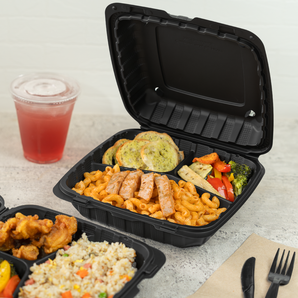 Karat Earth 9" x 9" Mineral Filled PP Hinged Container, Black, 3 compartments - 120 pcs