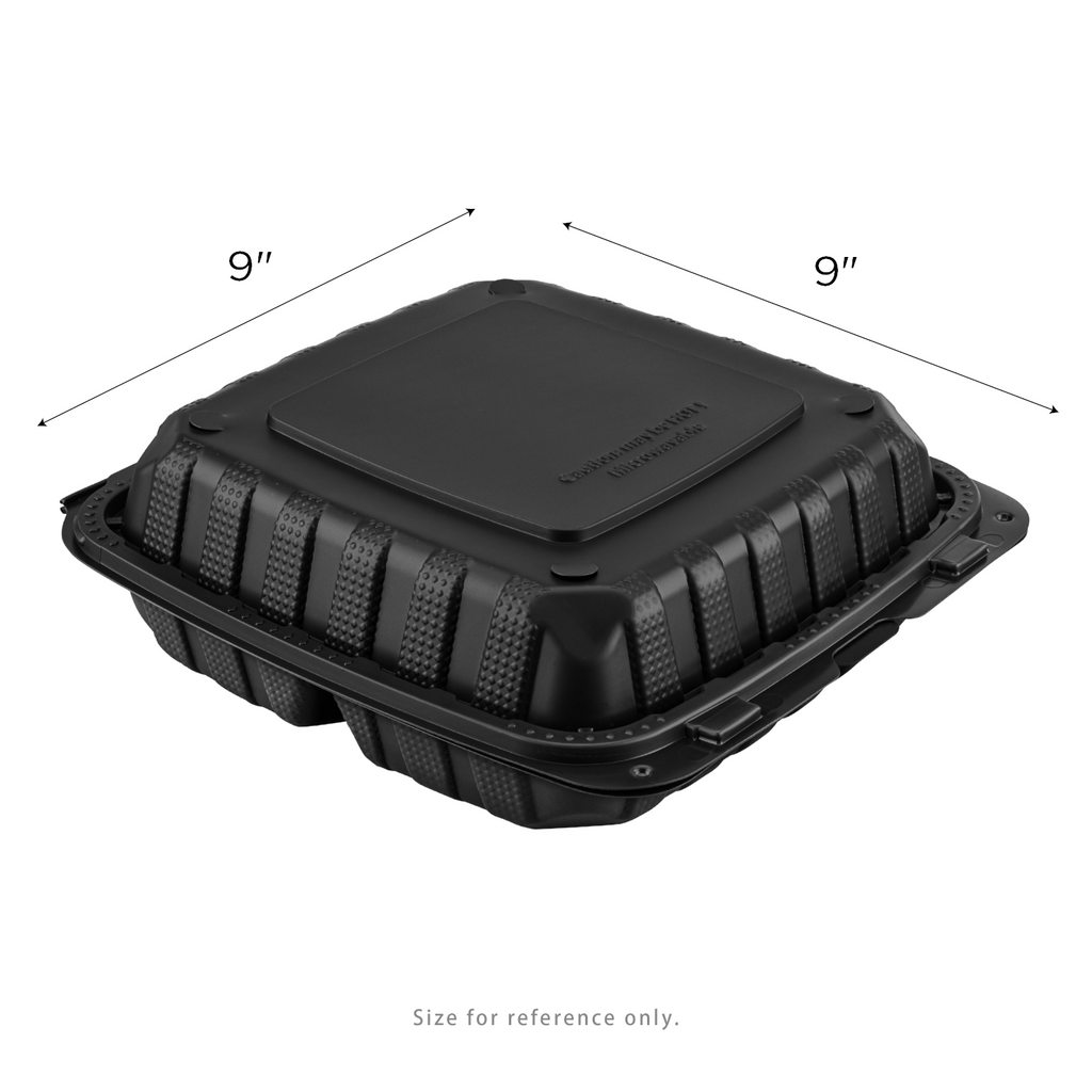 Karat Earth 9" x 9" Mineral Filled PP Hinged Container, Black, 3 compartments - 120 pcs