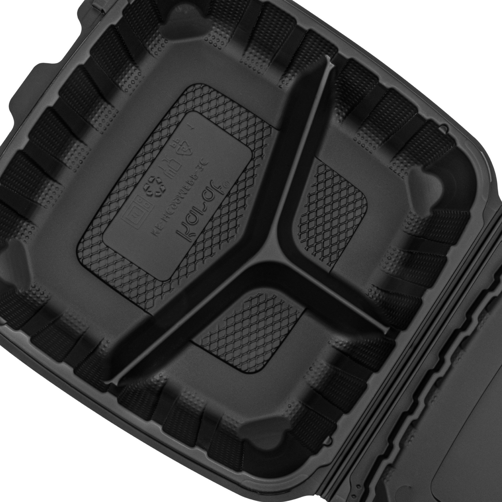 Karat Earth 9" x 9" Mineral Filled PP Hinged Container, Black, 3 compartments - 120 pcs