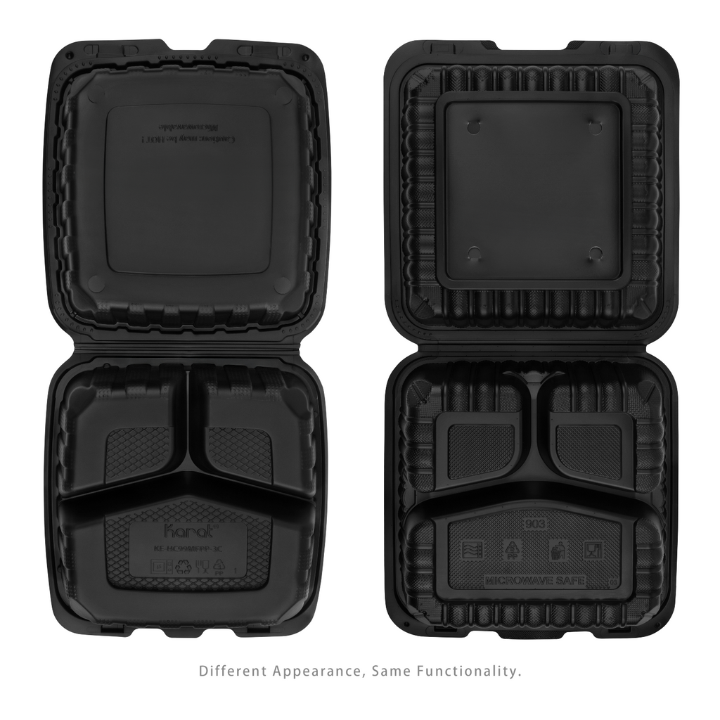 Karat Earth 9" x 9" Mineral Filled PP Hinged Container, Black, 3 compartments - 120 pcs