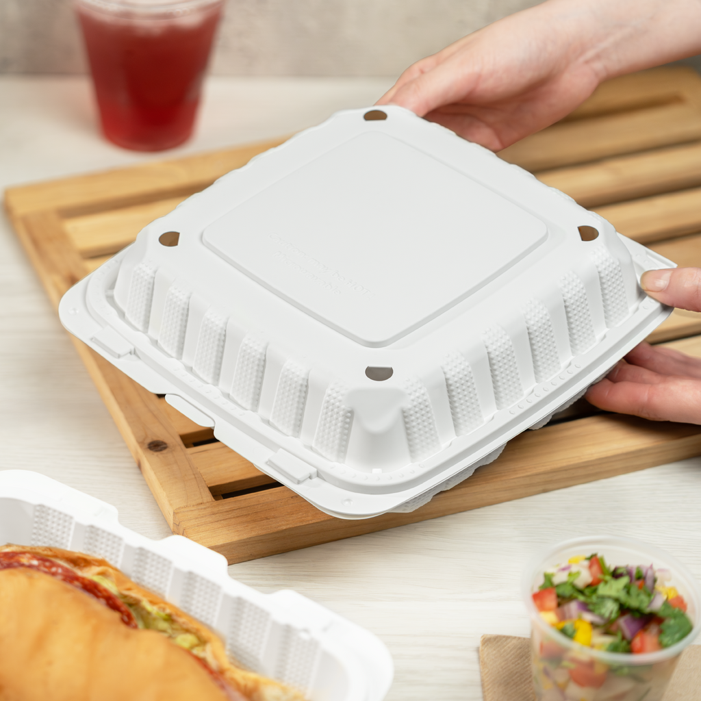 Karat Earth 9" x 9" Mineral Filled PP Hinged Container, White, 3 compartments, - 120 pcs