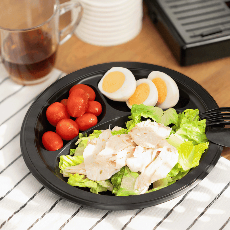 Karat Earth 3 Compartments, 9" Mineral Filled PP Round Plates, Black - 500 pcs