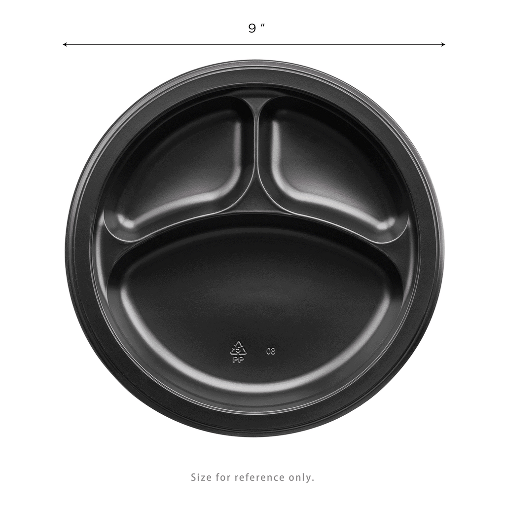 Karat Earth 3 Compartments, 9" Mineral Filled PP Round Plates, Black - 500 pcs