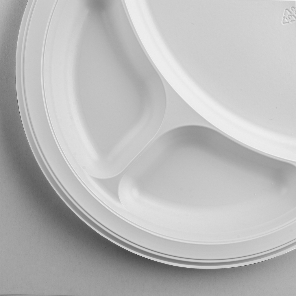 Karat Earth 3 Compartments, 9" Mineral Filled PP Round Plates, White - 500 pcs