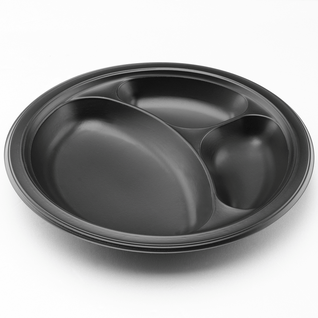 Karat Earth 3 Compartments, 10.25" Mineral Filled PP Round Plates, Black - 500 pcs