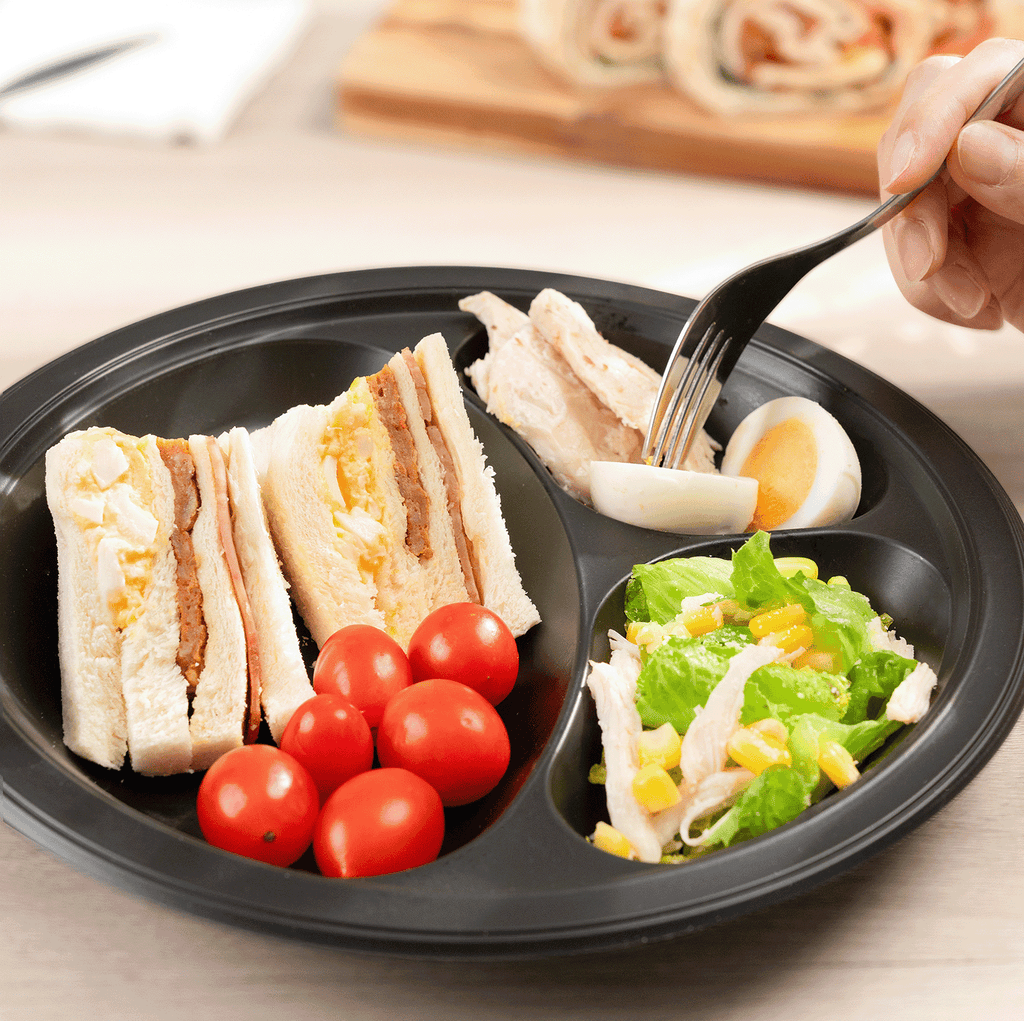 Karat Earth 3 Compartments, 10.25" Mineral Filled PP Round Plates, Black - 500 pcs