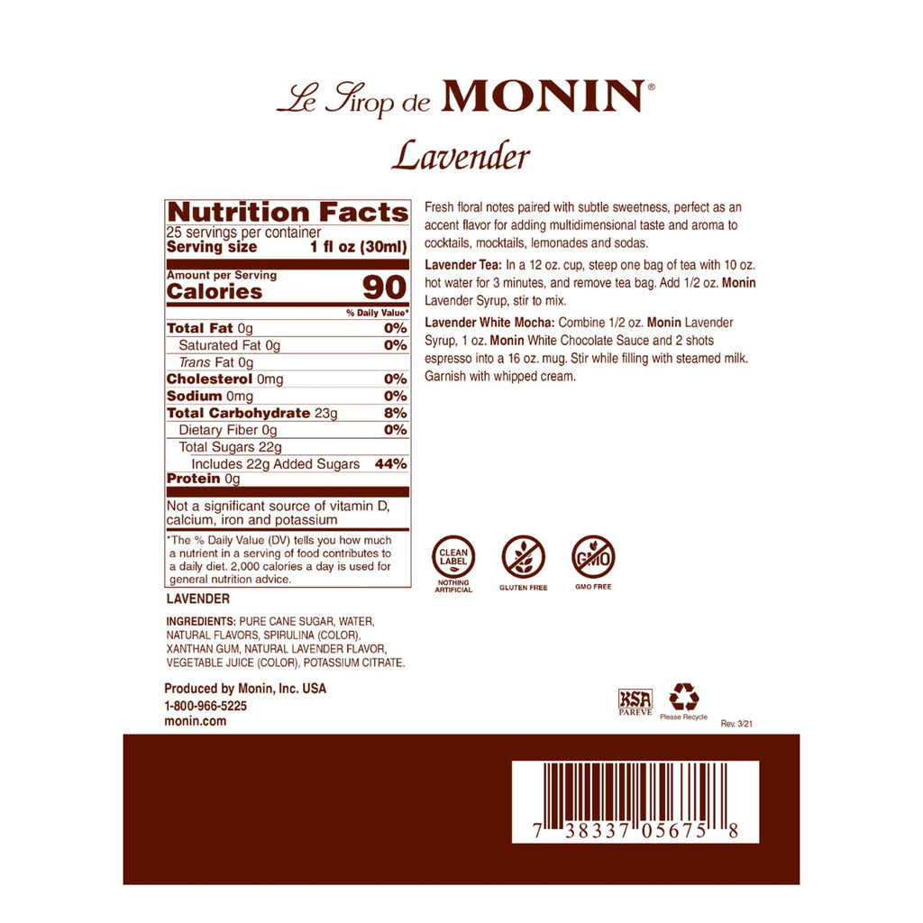 Monin Lavender Syrup - Bottle (750mL)