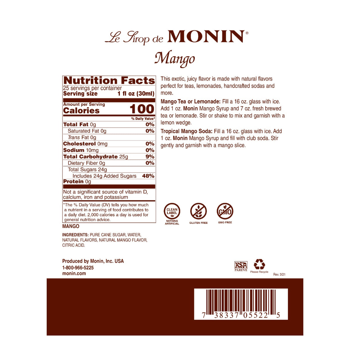 Monin Mango Syrup - Bottle (750mL)