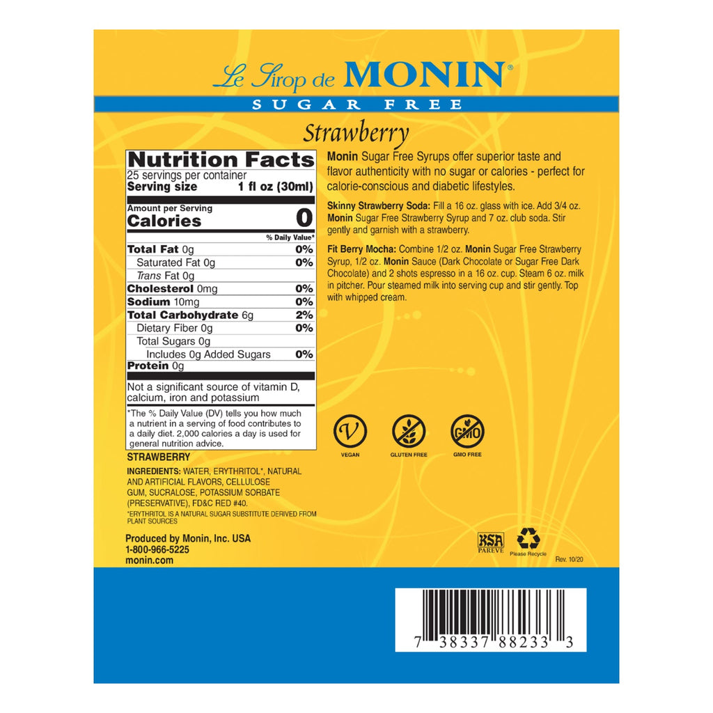 Monin Sugar Free Strawberry Syrup - Bottle (750mL)