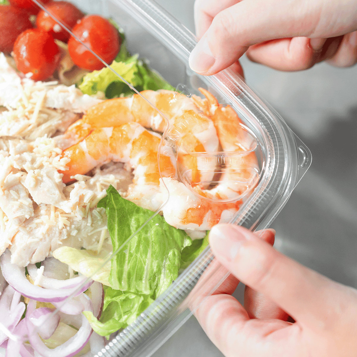 [150 sets] 48 oz PET Tamper Resistant Hinged Deli Containers w/Flat Lid, Rectangular