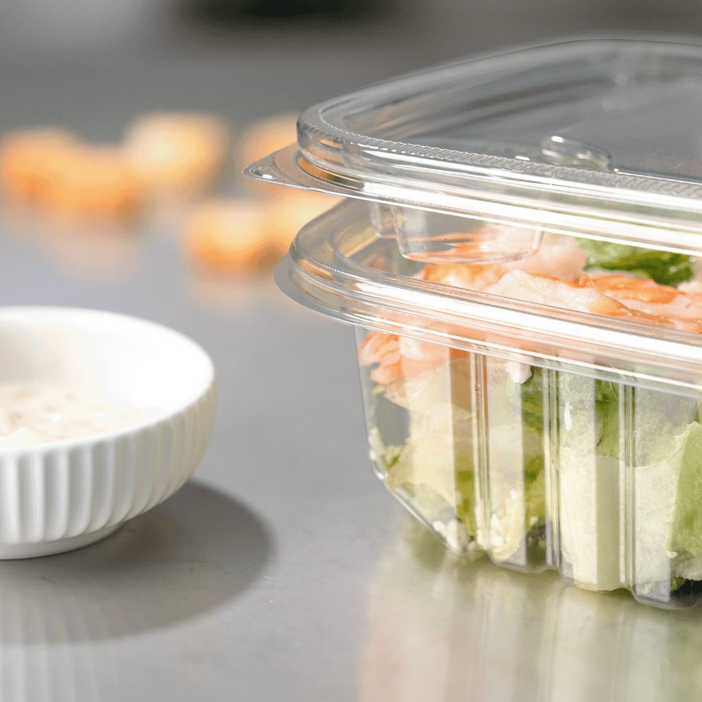 [150 sets] 48 oz PET Tamper Resistant Hinged Deli Containers w/Flat Lid, Rectangular