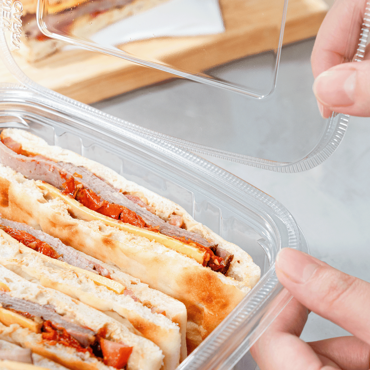 [150 sets] 64 oz PET Tamper Resistant Hinged Deli Containers w/Flat Lid