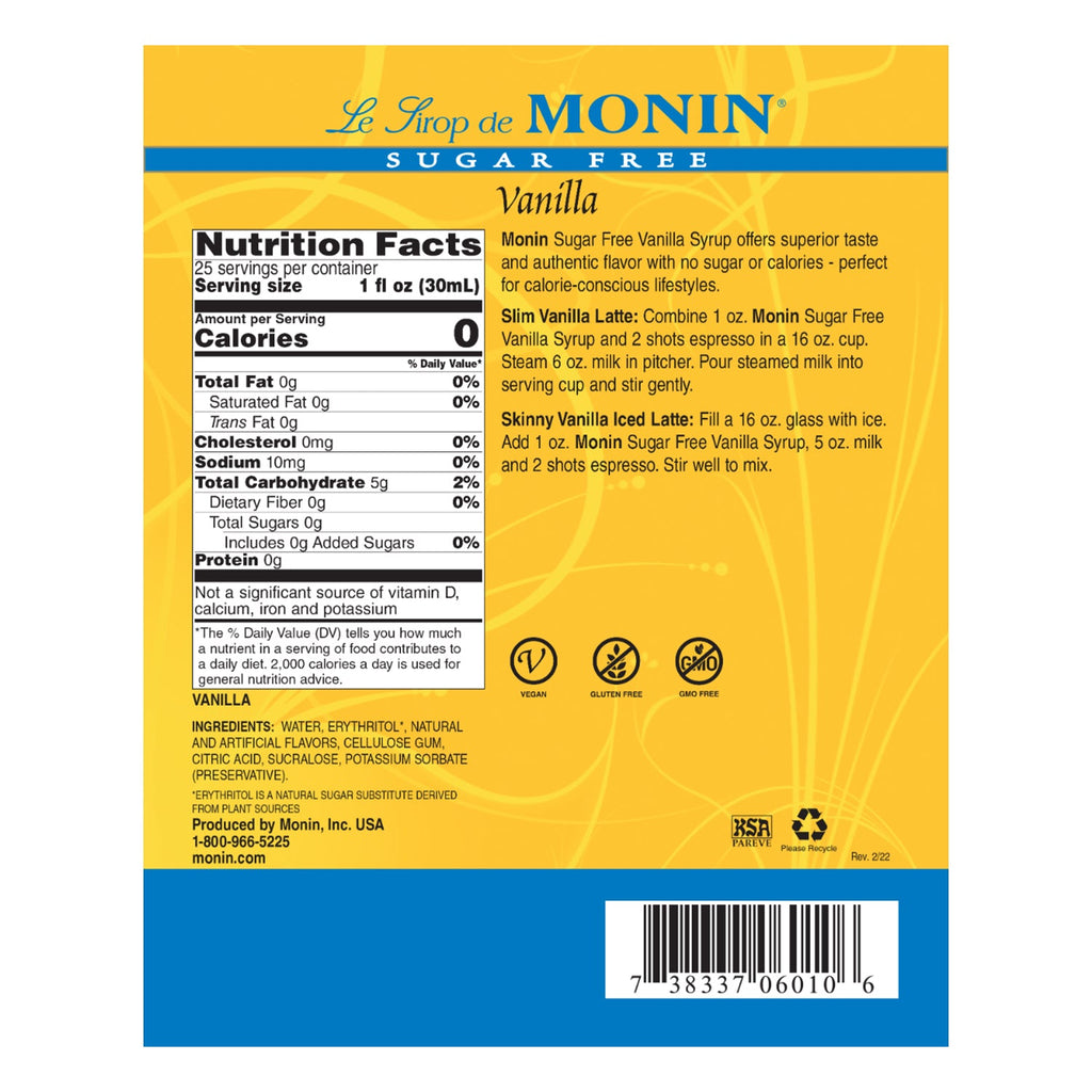 Monin Sugar Free Vanilla Syrup - Bottle (750mL)