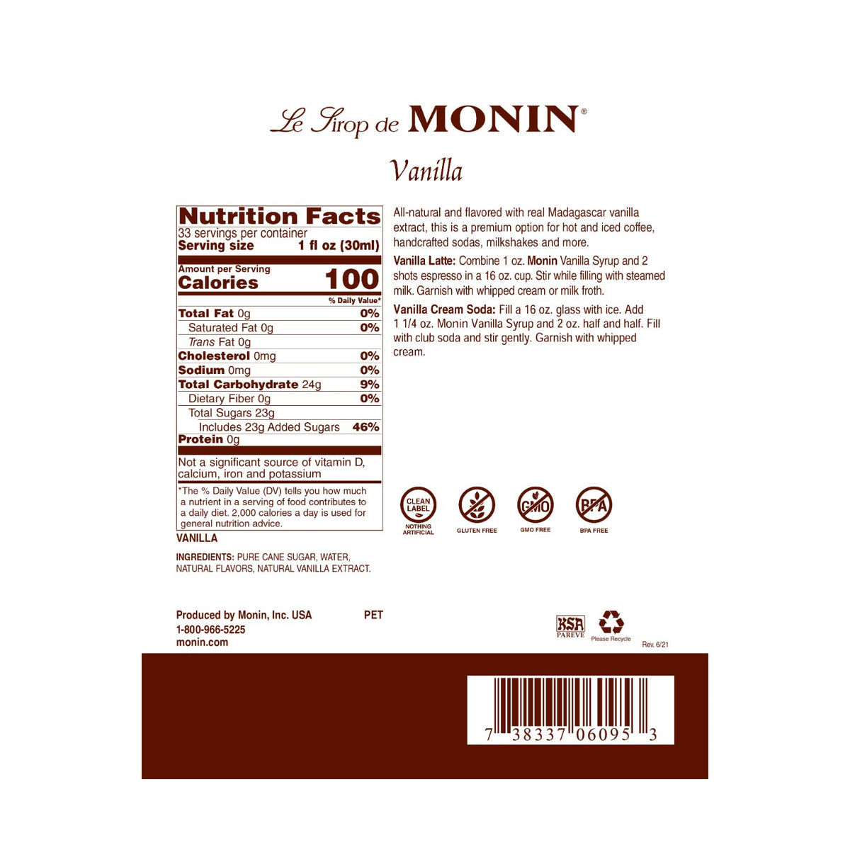 Monin Vanilla Syrup - Bottle (1L)