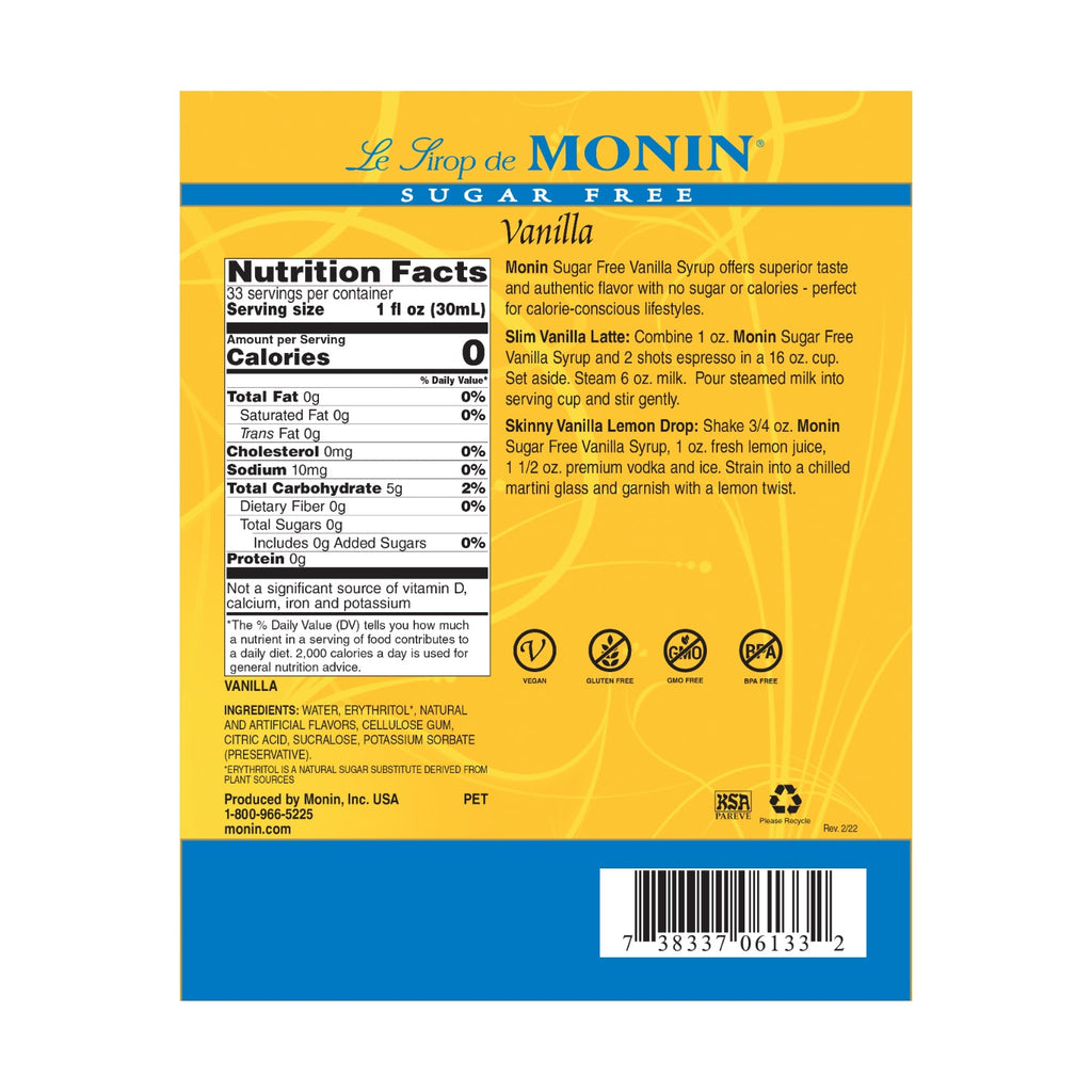 Monin Sugar Free Vanilla Syrup - Bottle (1L)