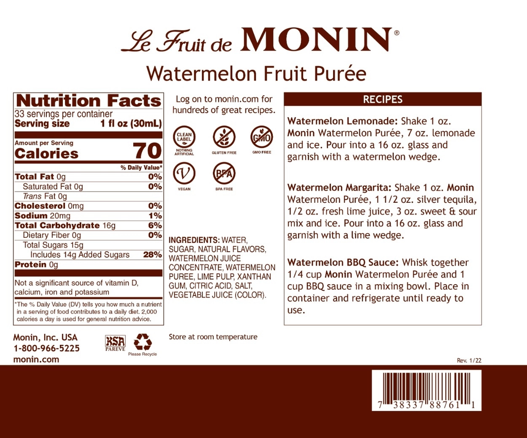 Monin Watermelon Fruit Puree - Bottle (1L)