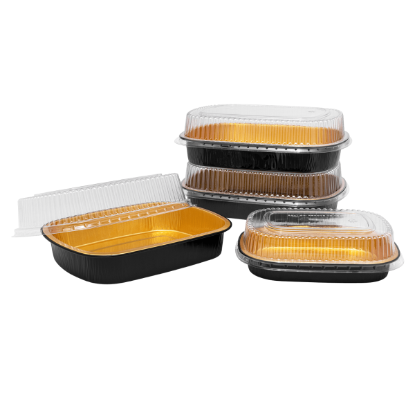 [50 sets] 48 oz Black and Gold Aluminum Pans with PET Dome Lids
