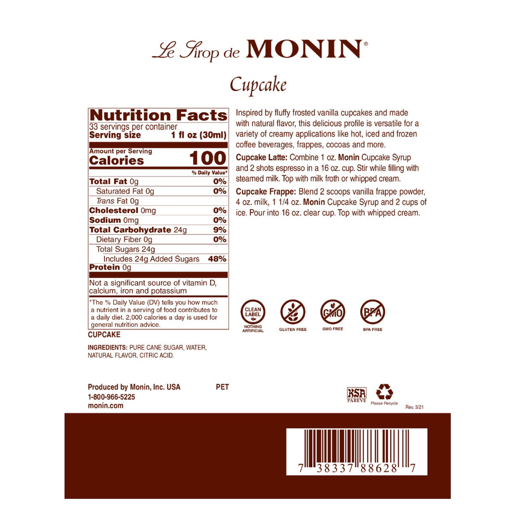 Monin Cupcake Syrup - Plastic Bottle (1L)