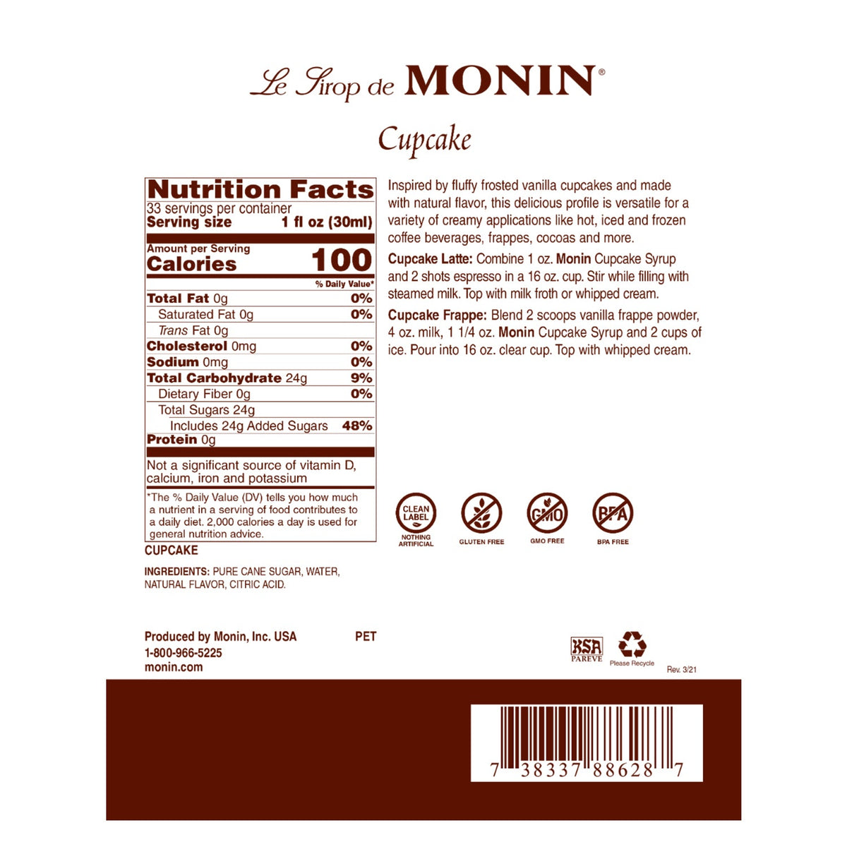 Monin Cupcake Syrup - Plastic Bottle (1L)