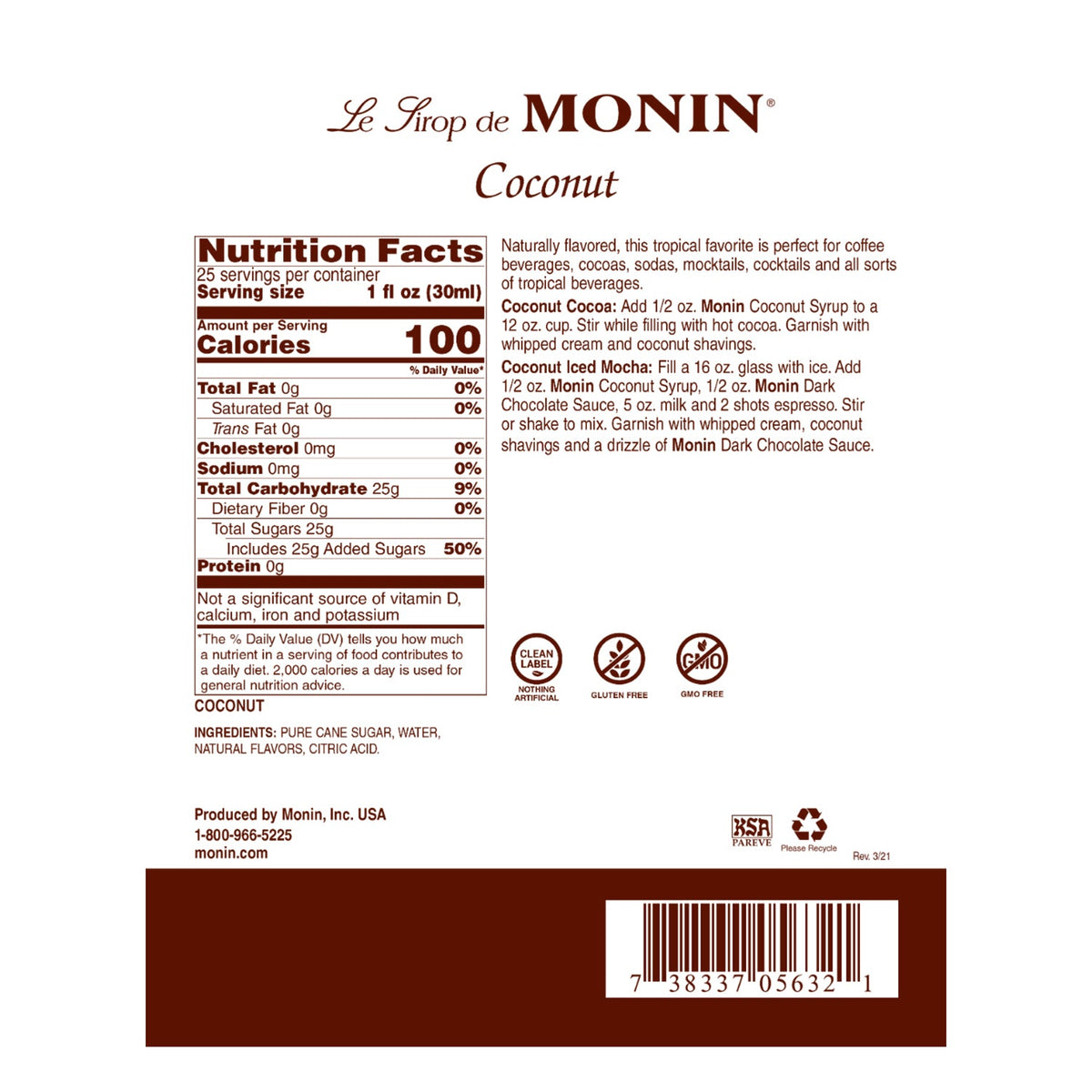 Monin Coconut Syrup - Bottle (750mL)