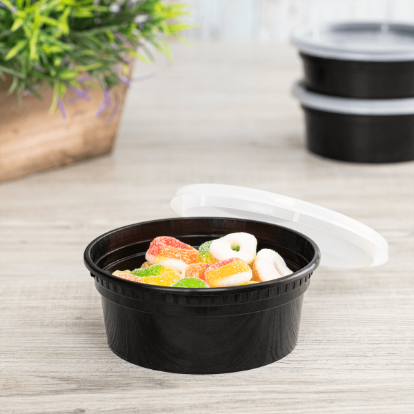 [240 sets] 8 oz Deli Containers with Lids | Injection Molded PP | Black