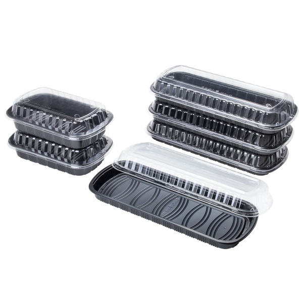 [100 ct] Full Slab Black PP Plastic Rib Container with Clear OPS lid