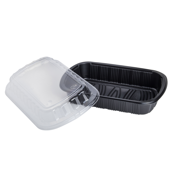 [100 ct] Half Slab Black PP Plastic Rib Container with Clear OPS lid