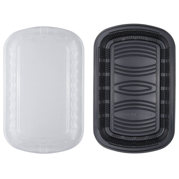 [100 ct] Half Slab Black PP Plastic Rib Container with Clear OPS lid
