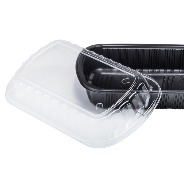 [100 ct] Half Slab Black PP Plastic Rib Container with Clear OPS lid