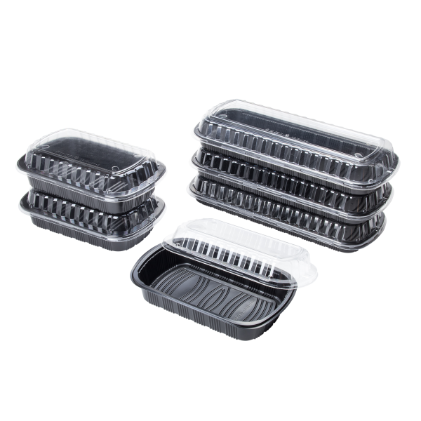 [100 ct] Half Slab Black PP Plastic Rib Container with Clear OPS lid