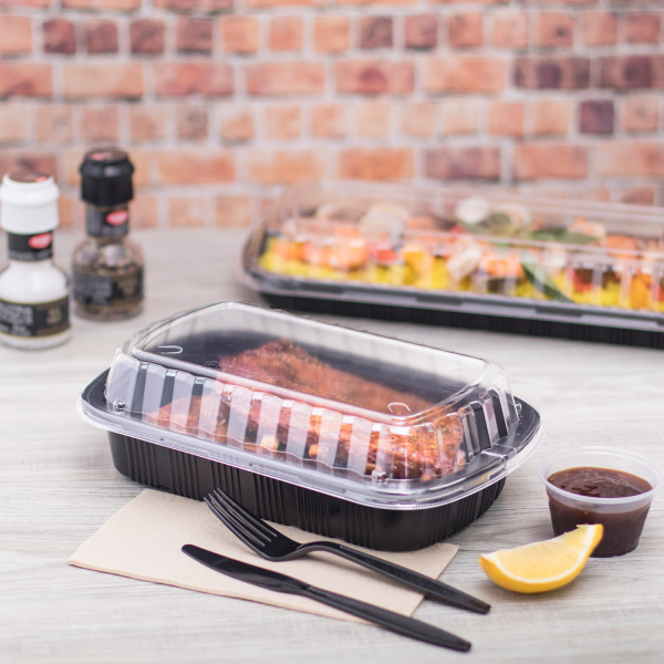 [100 ct] Half Slab Black PP Plastic Rib Container with Clear OPS lid