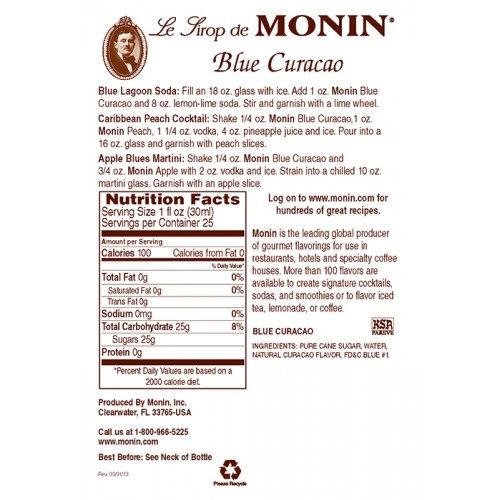 Monin Blue Curacao Syrup - Bottle (750mL)
