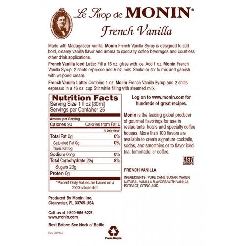 Monin French Vanilla Syrup - Bottle (750mL)