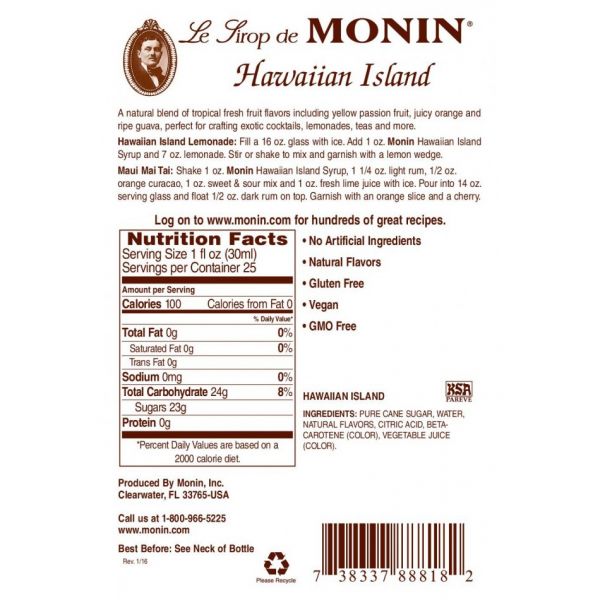 Monin Hawaiian Island Syrup - Bottle (750mL)