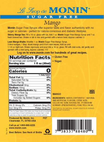 Monin Sugar Free Mango Syrup - Bottle (1L)