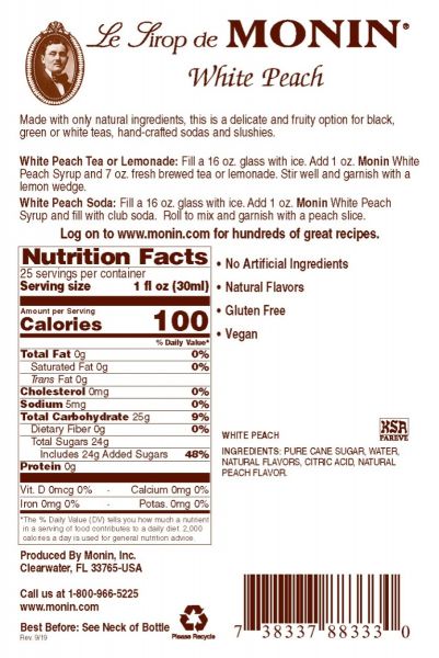 Monin White Peach Syrup - Bottle (1L)