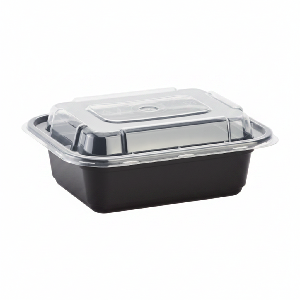 [150 sets] 12 oz PP Plastic Microwavable Rectangular Food Containers & Lids, Black