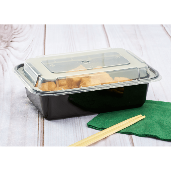 [150 sets] 24 oz PP Plastic Microwavable Rectangular Food Containers & Lids, Black