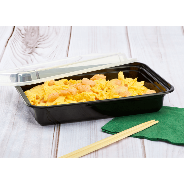 [150 sets] 28 oz PP Plastic Microwavable Rectangular Food Containers & Lids, Black