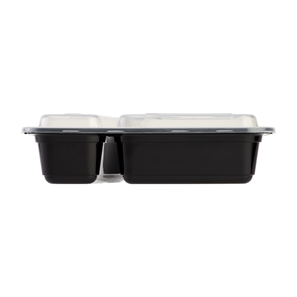 [150 sets] 30 oz PP Plastic Microwavable Rectangular Food Containers & Lids, Black, 2 Compartments