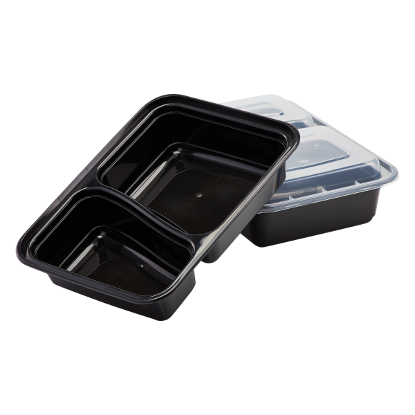 [150 sets] 30 oz PP Plastic Microwavable Rectangular Food Containers & Lids, Black, 2 Compartments