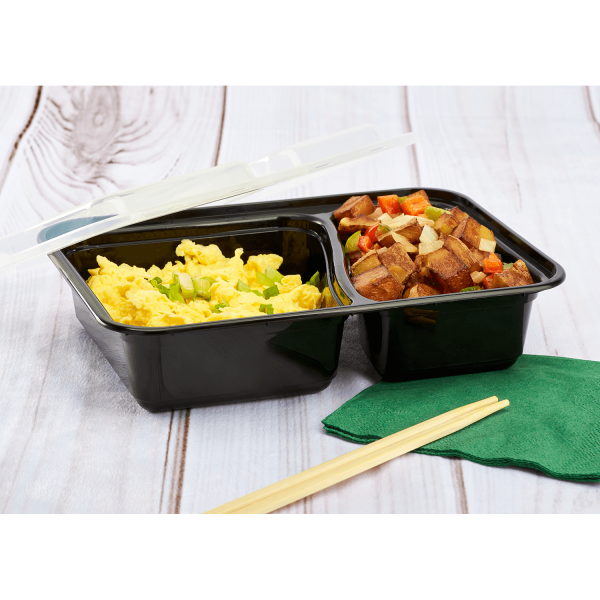 [150 sets] 30 oz PP Plastic Microwavable Rectangular Food Containers & Lids, Black, 2 Compartments