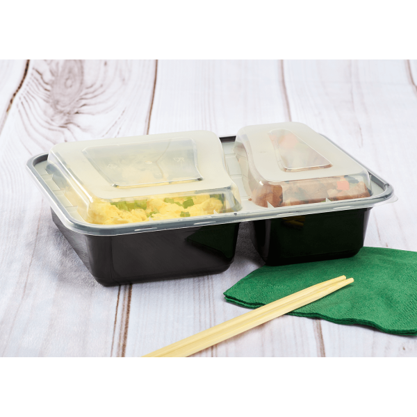 [150 sets] 30 oz PP Plastic Microwavable Rectangular Food Containers & Lids, Black, 2 Compartments