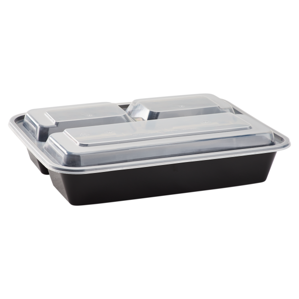 [150 sets] 32 oz PP Plastic Microwavable Rectangular Food Containers & Lids, Black, 3 Compartments