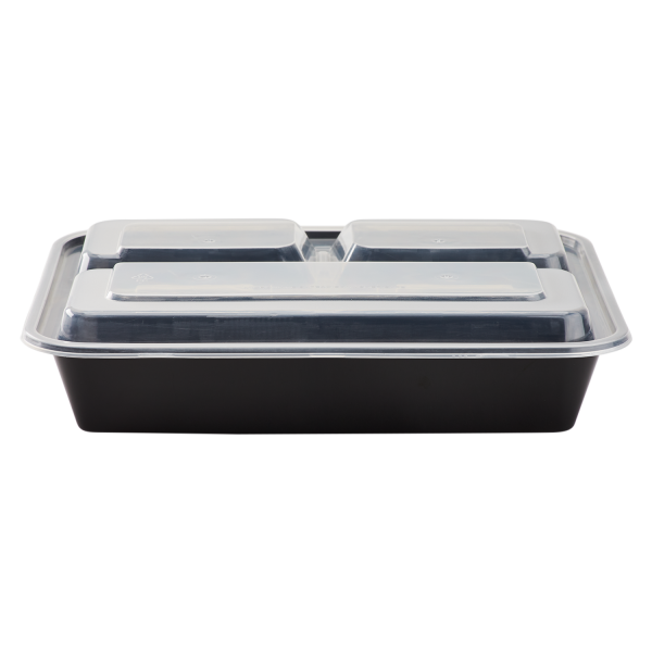 [150 sets] 32 oz PP Plastic Microwavable Rectangular Food Containers & Lids, Black, 3 Compartments