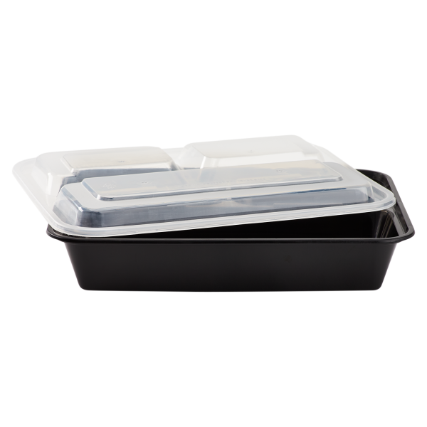[150 sets] 32 oz PP Plastic Microwavable Rectangular Food Containers & Lids, Black, 3 Compartments