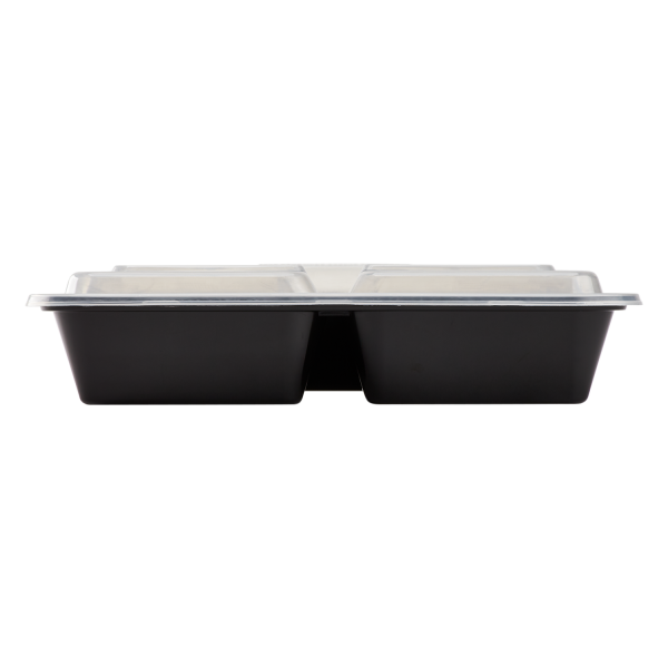 [150 sets] 32 oz PP Plastic Microwavable Rectangular Food Containers & Lids, Black, 3 Compartments