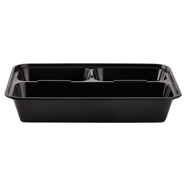 [150 sets] 32 oz PP Plastic Microwavable Rectangular Food Containers & Lids, Black, 3 Compartments